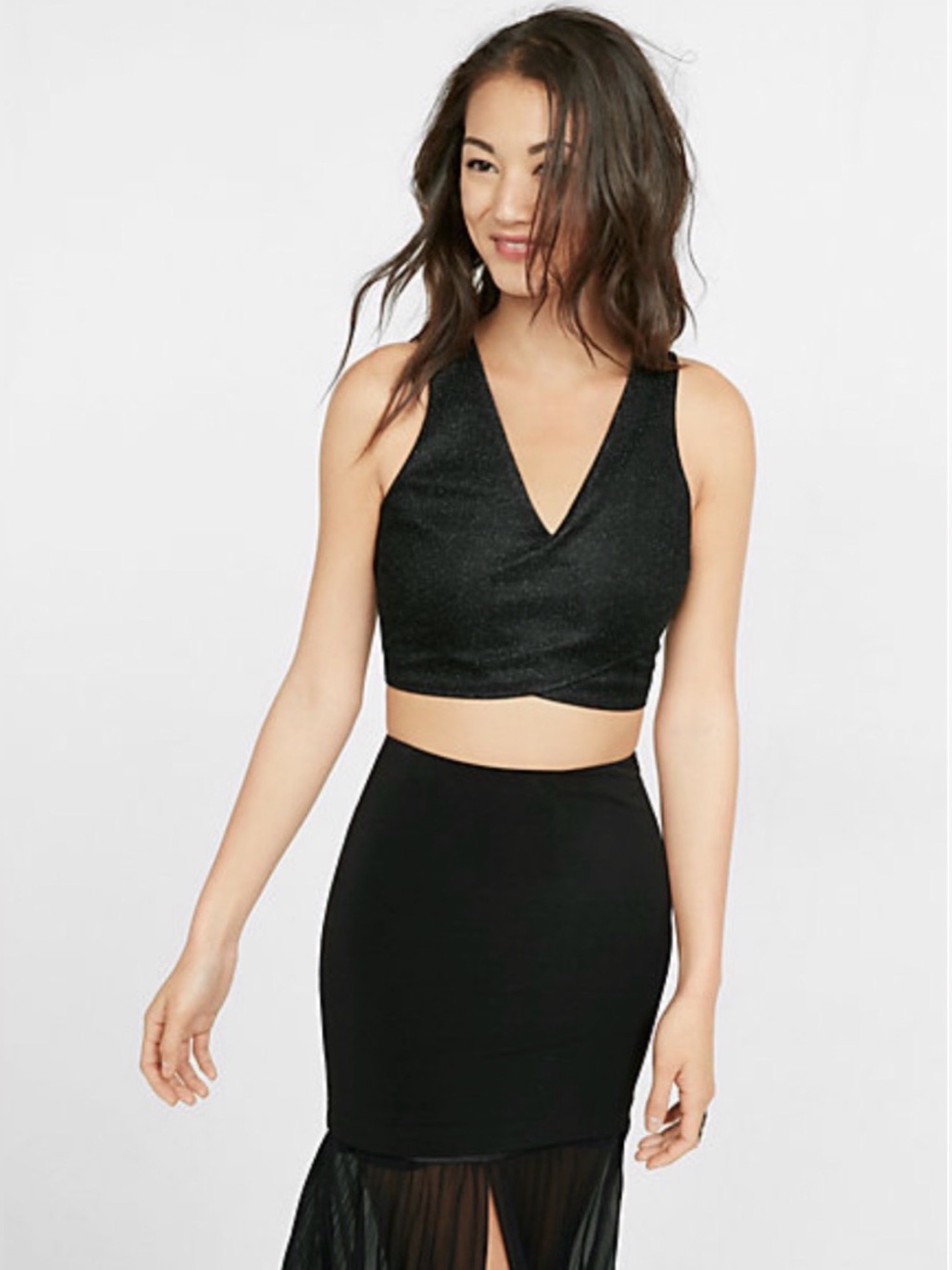 Express Black V-Neck Shimmer Crop Top